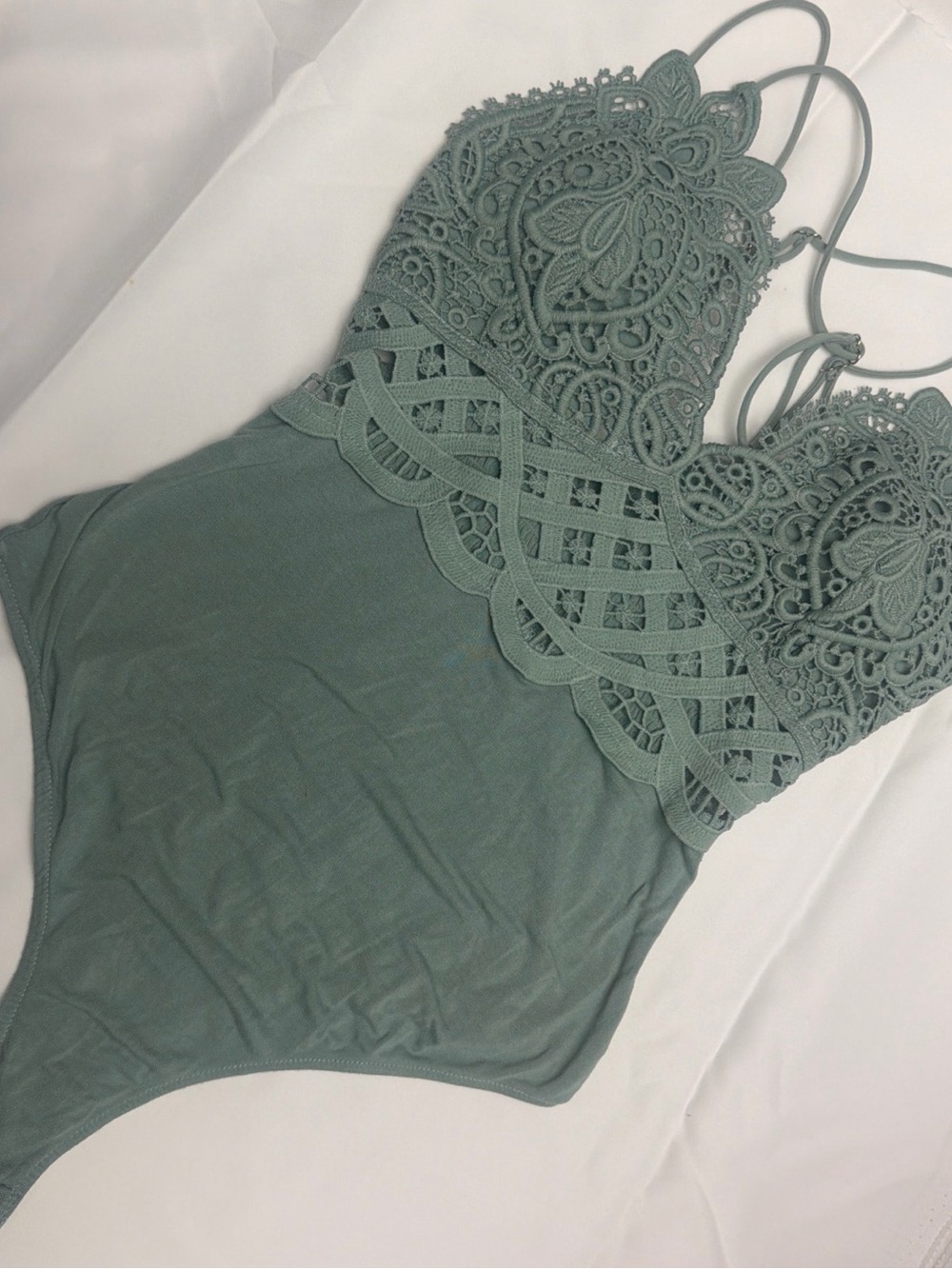 Rue 21 Sable Green Mesh Crochet Body Suit  Snap Crotch Sz S  Floral Stretchy